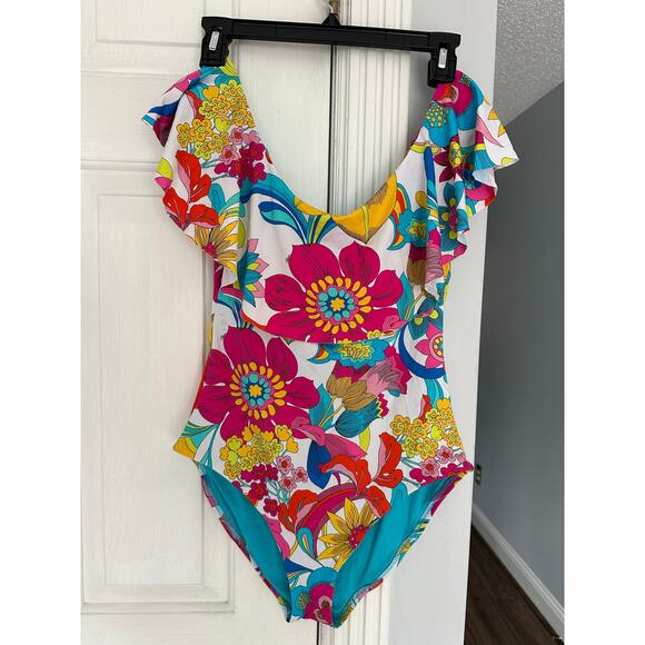 Trina Turk Fontaine Off The Shoulder Ruffle One Piece Swimsuit Sz 10 READ - Picture 7 of 11
